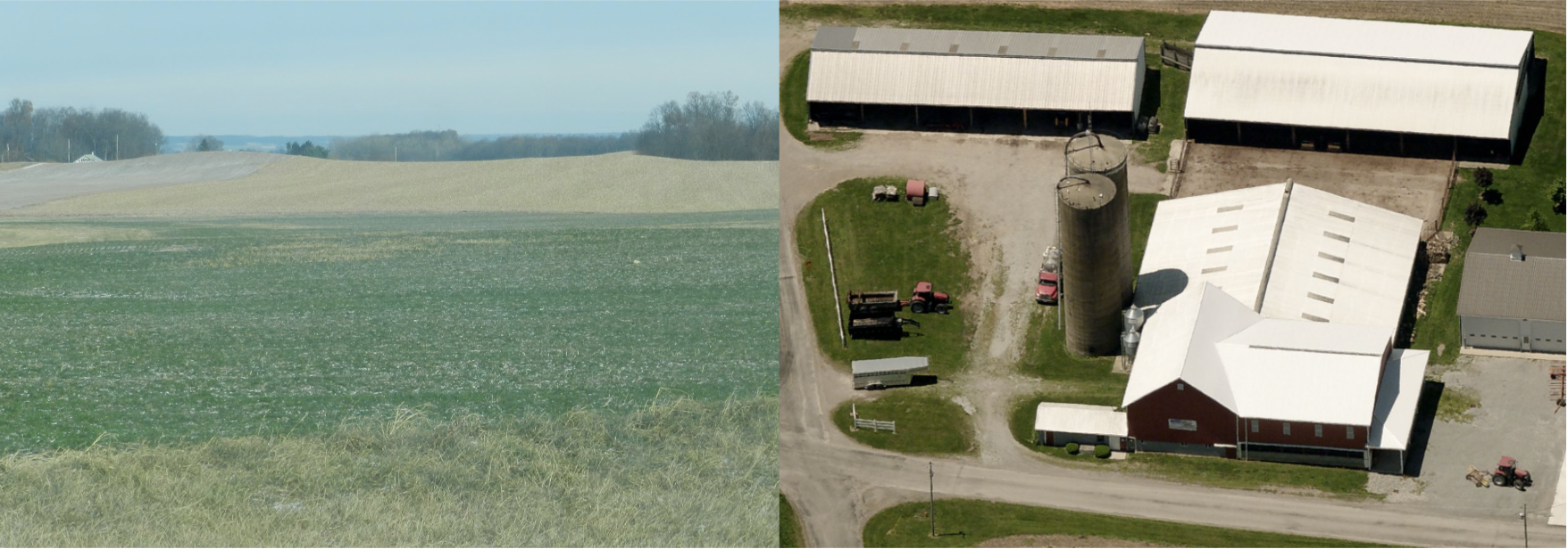 Left: Expansive farmland with rolling hills. Right: Aerial view of a farm with barns and silos.