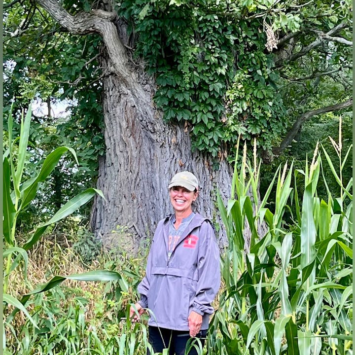 A person in a gray jacket and cap stands smiling among tall plants, with a large tree in the background.