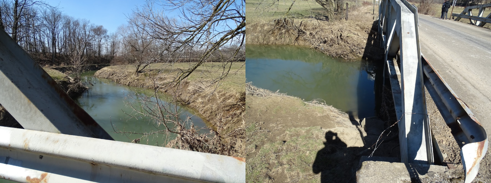 Two views of a creek with a metal roadside bridge and bare trees.