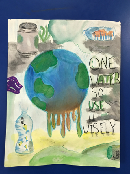 Earth with melting effect, fish, jar, with text: "One water so use it wisely."