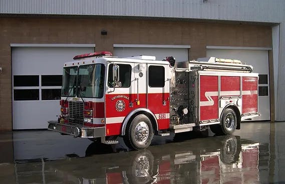 Fire engine in front of fire station