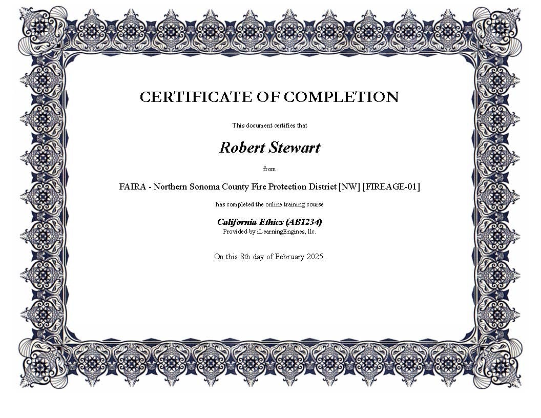 Certificate of completion for Robert Stewart from FAIRA for a California Ethics course on February 8, 2025.