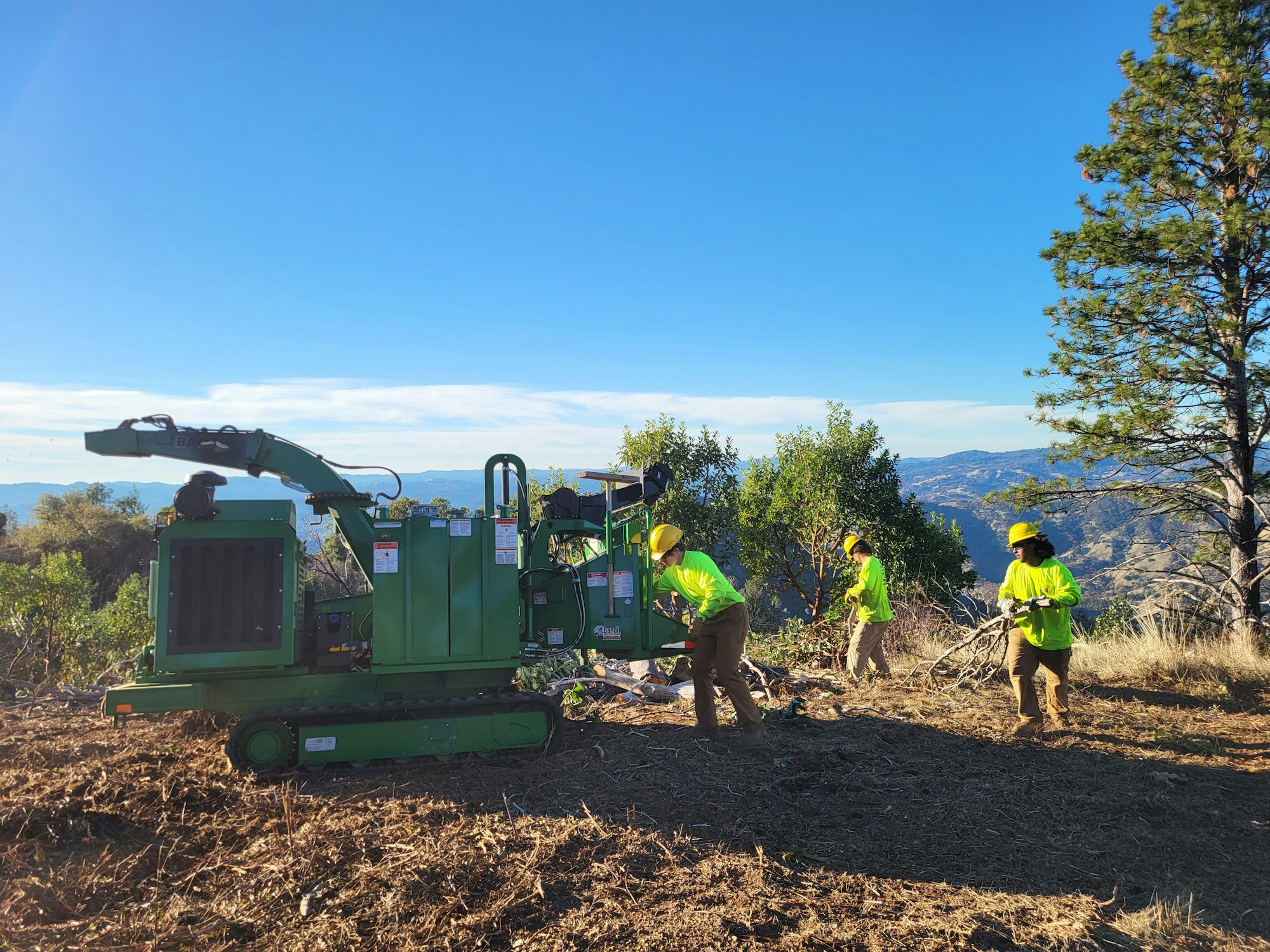 Workers in safety gear operate a green machine in a hilly, wooded area with clear skies.