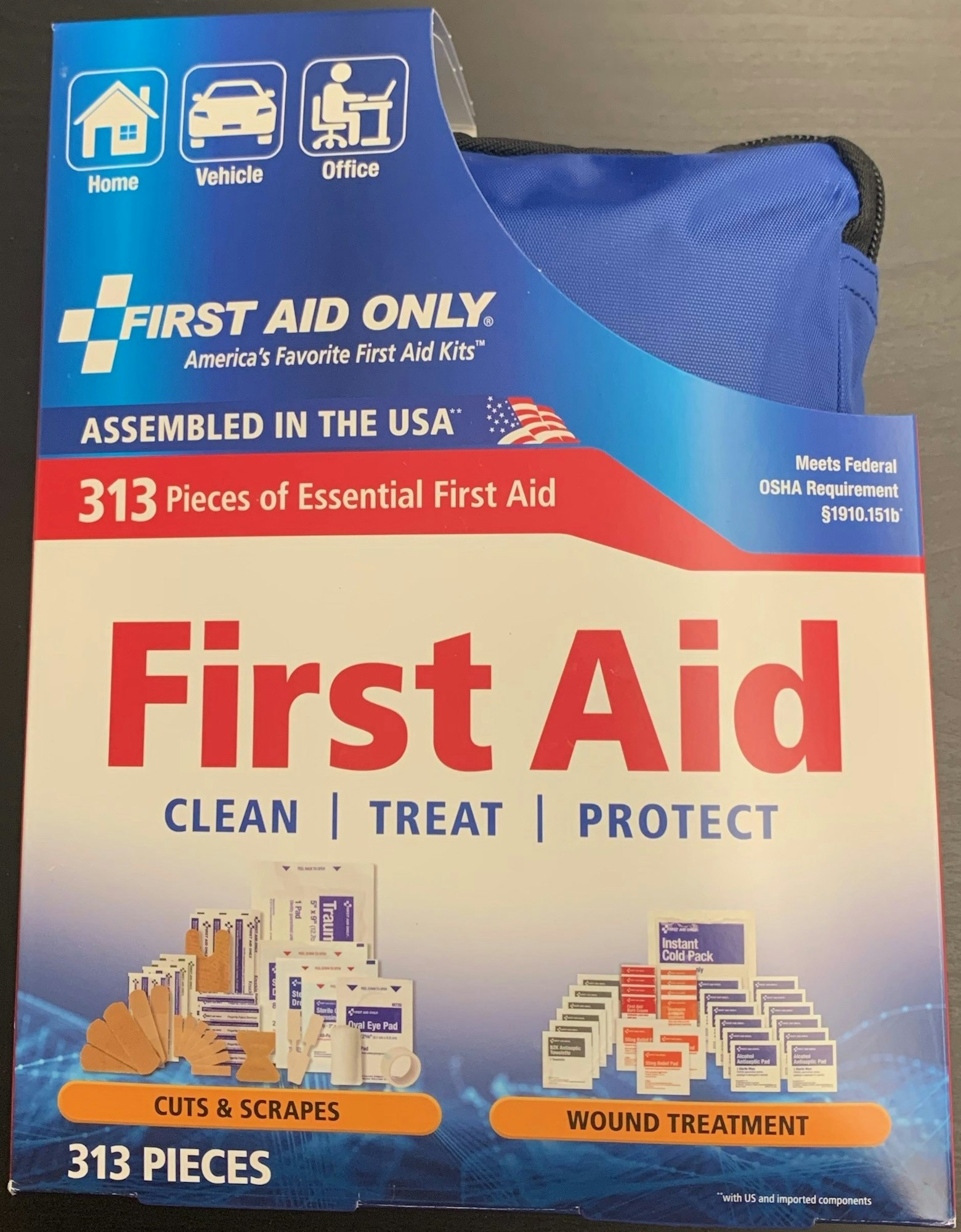 First Aid Kit, 313 pieces for home, vehicle, or office. Includes supplies for cuts, scrapes, and wound treatment.