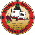 Seal of Sonoma County, California: Features flag, tree, grapes, and dates "1850" with text "Agriculture, Industry, Recreation."