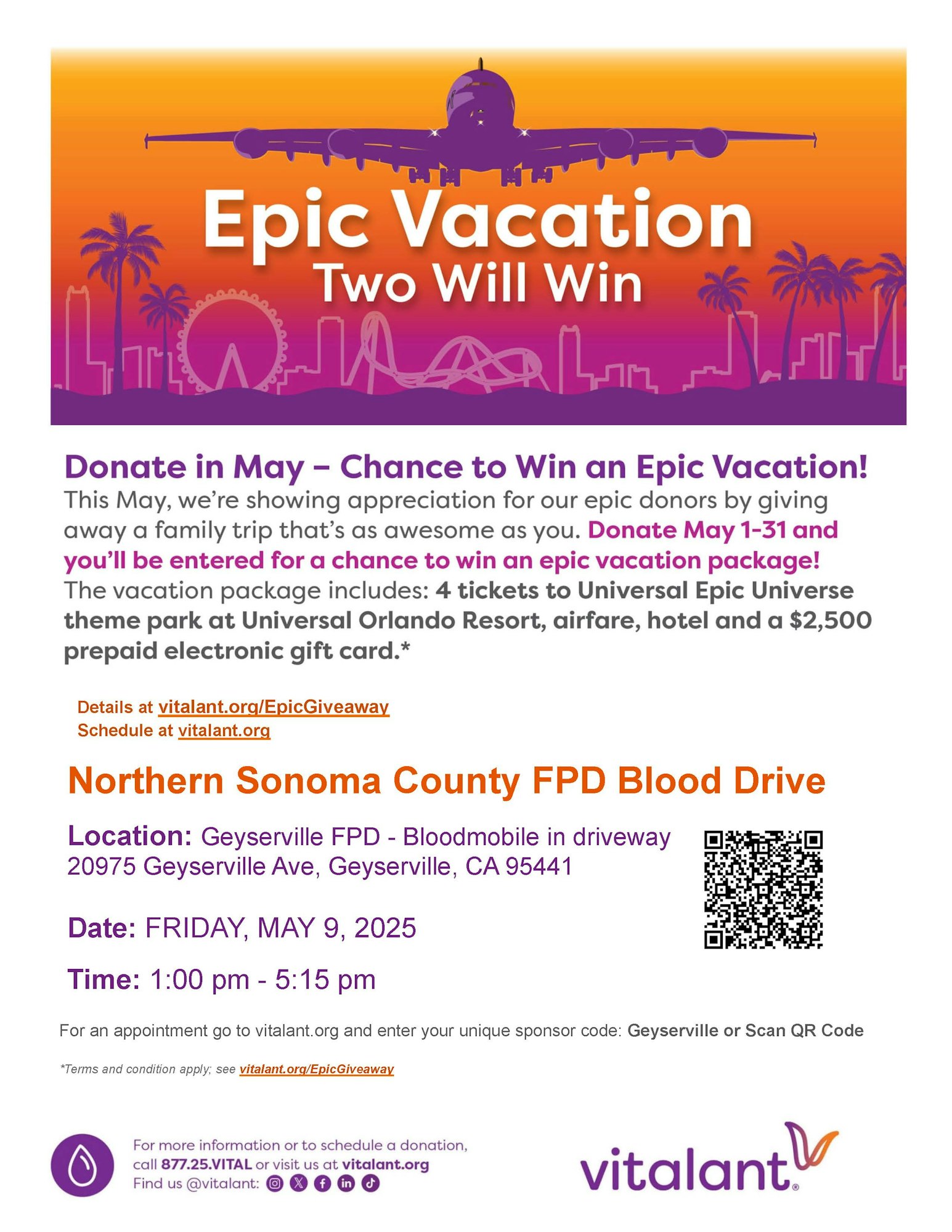 Blood drive poster offering a chance to win a vacation package for donations made in May. Event on May 9, 2025, in Geyserville, CA.