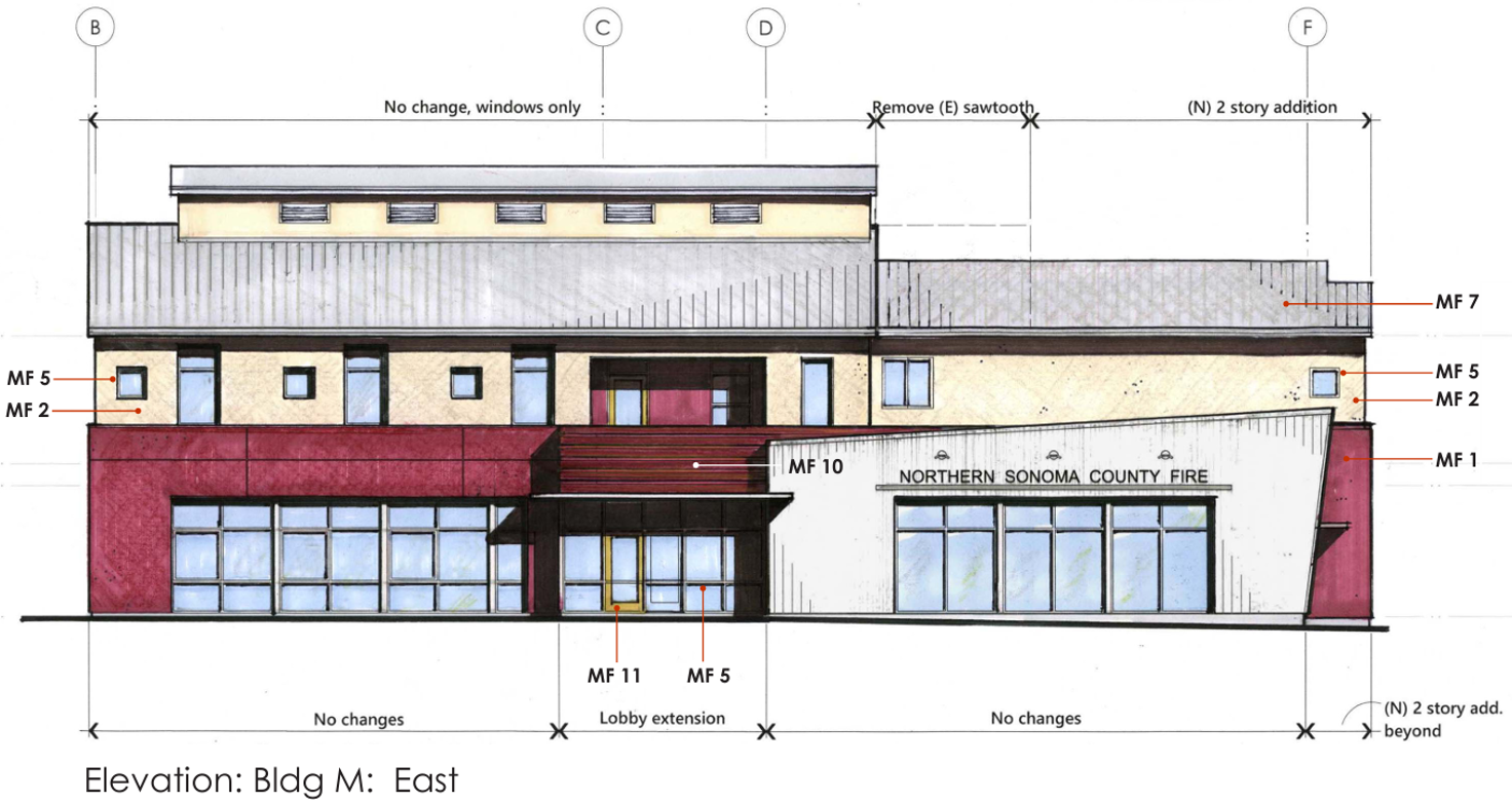 Elevation drawing of the Northern Sonoma County Fire building, showing structural details and modifications planned.