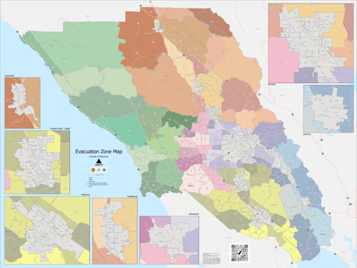 This is an evacuation zone map with color-coded areas and inset maps for detail.