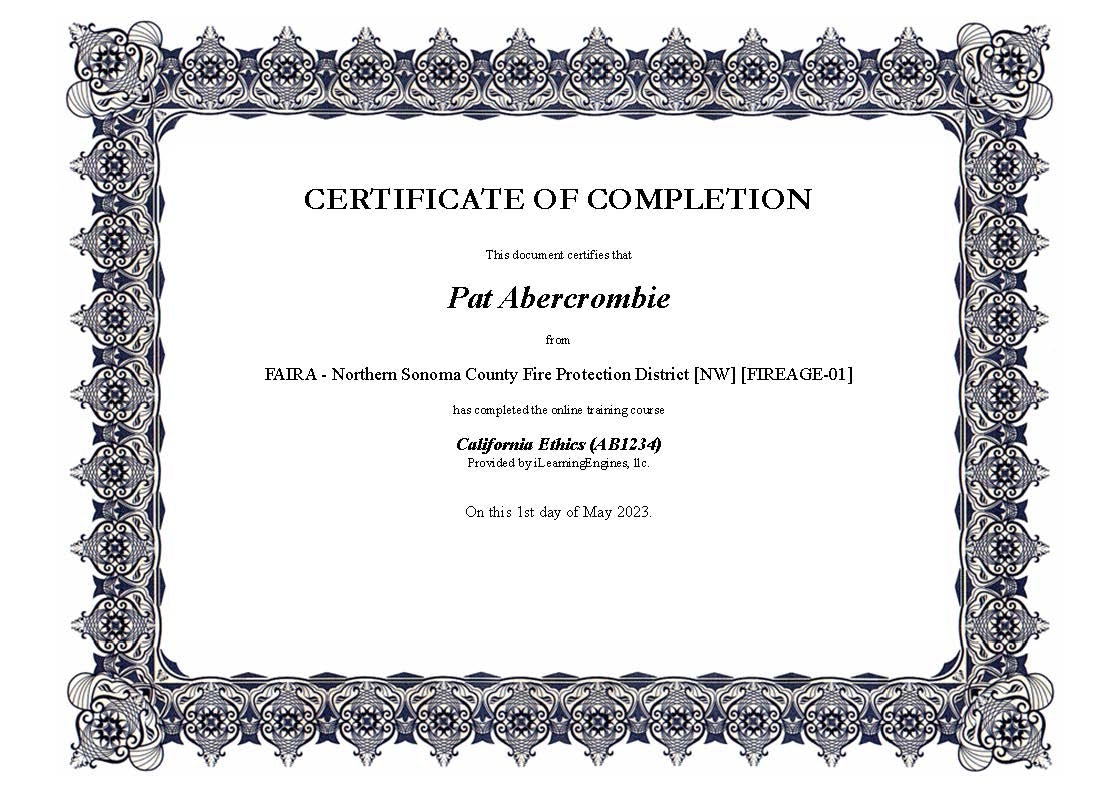 A certificate of completion for an online training course in California Ethics, issued to Pat Abercrombie on May 1, 2023.