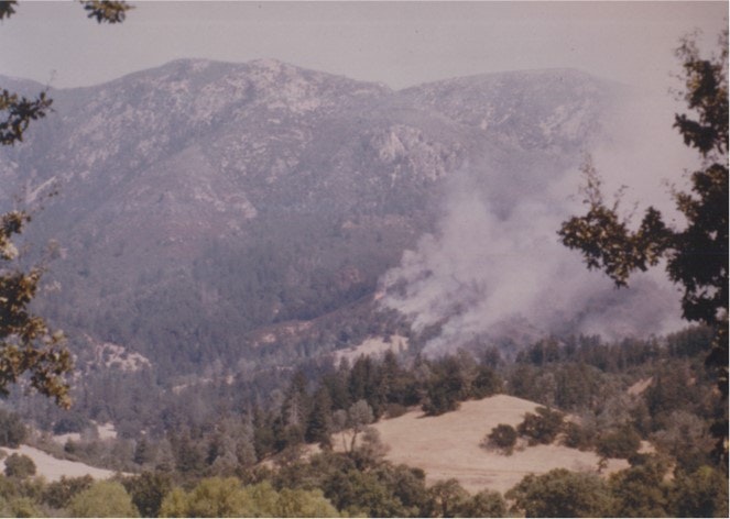 Smoke rising from a forested area with mountains in the background, suggesting a possible wildfire.