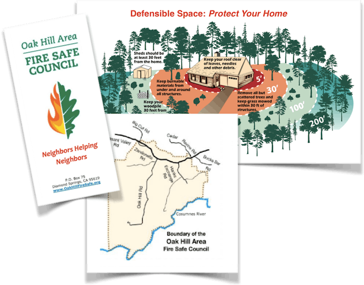 Fire safety information leaflet, defensible space illustration, and Oak Hill area map for community wildfire prevention.