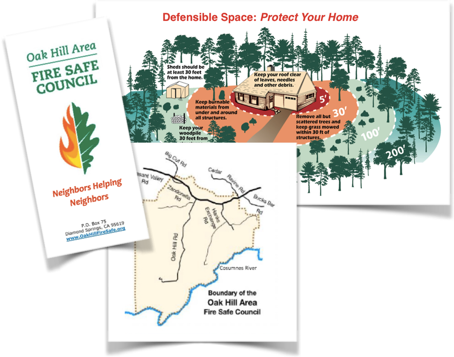 Fire safety information leaflet, defensible space illustration, and Oak Hill area map for community wildfire prevention.