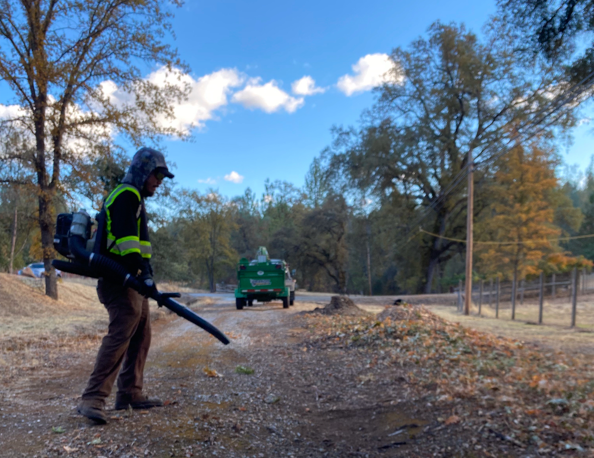 A person wearing a backpack blower is clearing leaves along a dirt path, with a green truck parked nearby under a blue sky.
