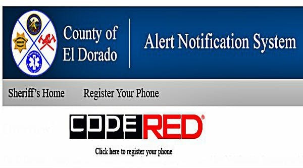 El Dorado County alert system banner: 'CODE RED,' register phone links, sheriff badge, EMS symbol.