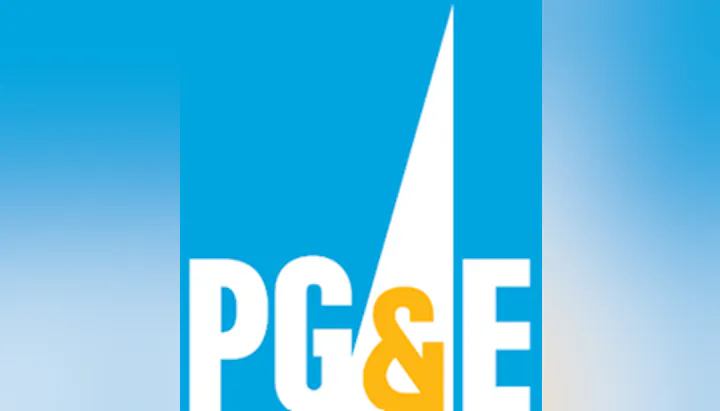 The image features the logo of PG&E, a utility company, with a blue background and a stylized yellow and white design.