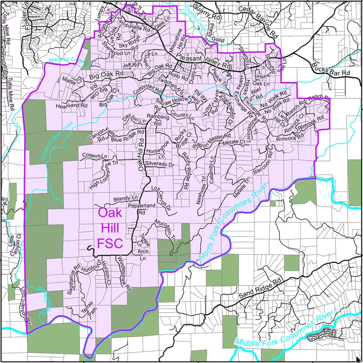 A color-coded map with labeled streets and areas, highlighting the Oak Hill FSC region with boundaries in purple.