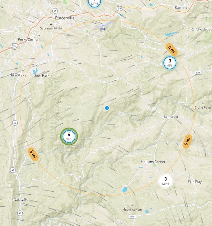 A map showing traffic conditions with speed indicators near Placerville, California.