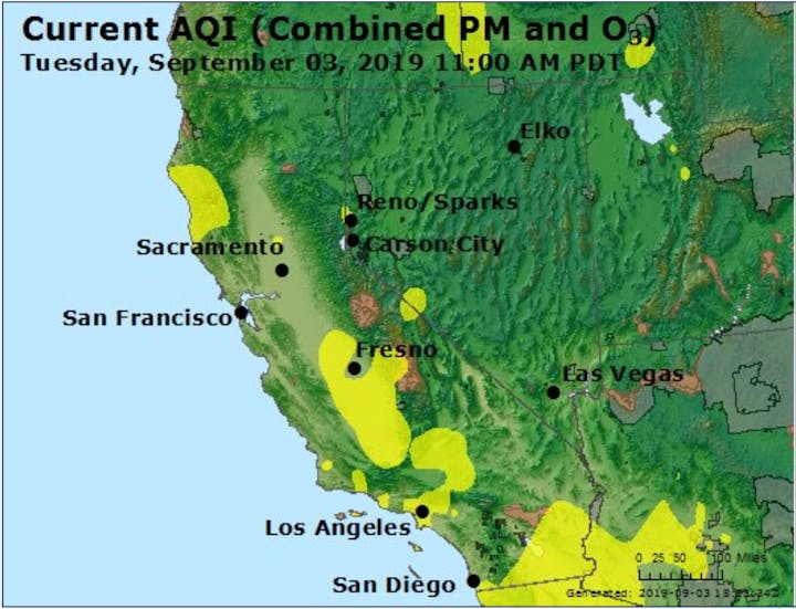 Map showing air quality index (AQI) for parts of the Western US with patches indicating pollution levels.