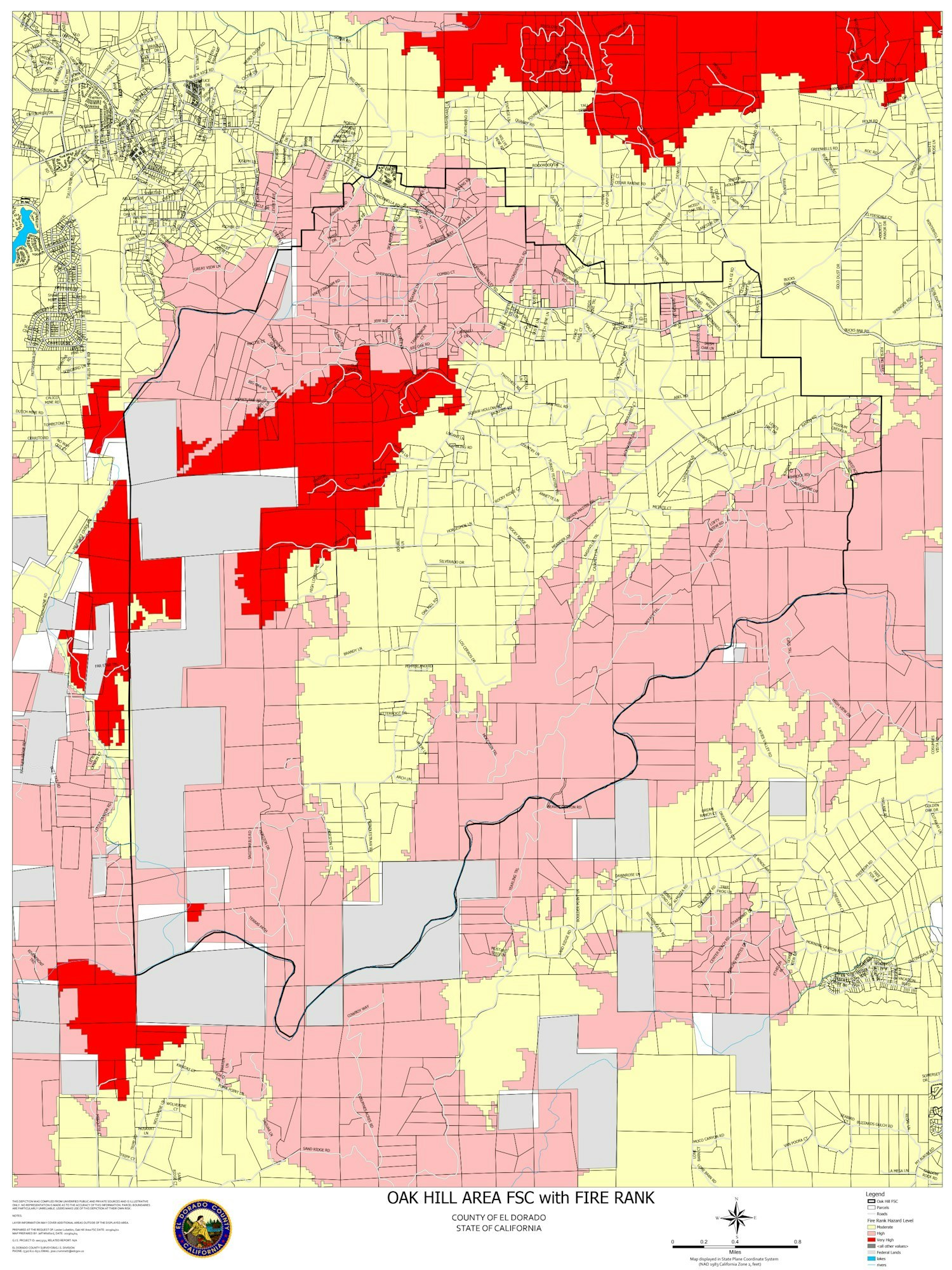 A map showing fire risk ranks in the Oak Hill area, El Dorado County, California.