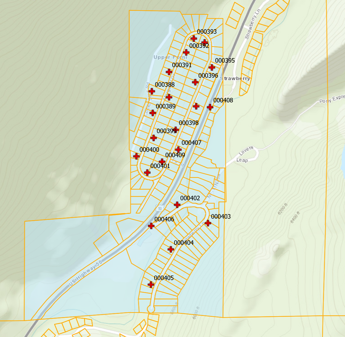 Map showing parcel boundaries, numbered plots, roads, and red cross markers in a residential area near Upper South Fork, US Highway 50.