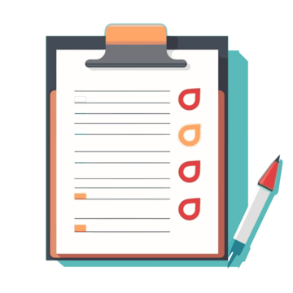 An illustrated clipboard with a checklist and a pen, suggesting tasks or items to be completed or reviewed.