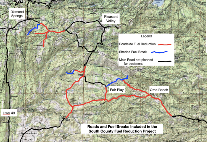 A map showing roads and fuel breaks for a fuel reduction project with a legend indicating types of treatment.