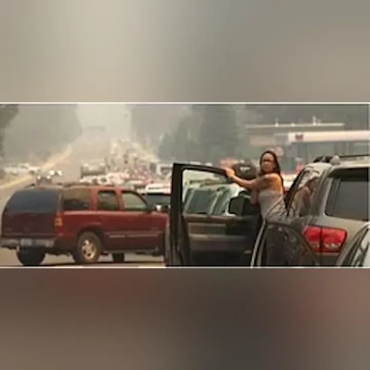 A woman stands by an open car door, with heavy traffic in the background and smoke in the air, suggesting a stressful situation.