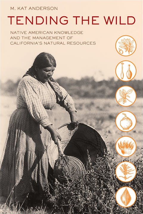 Book cover "Tending the Wild" with a woman gathering plants and icons of natural elements.