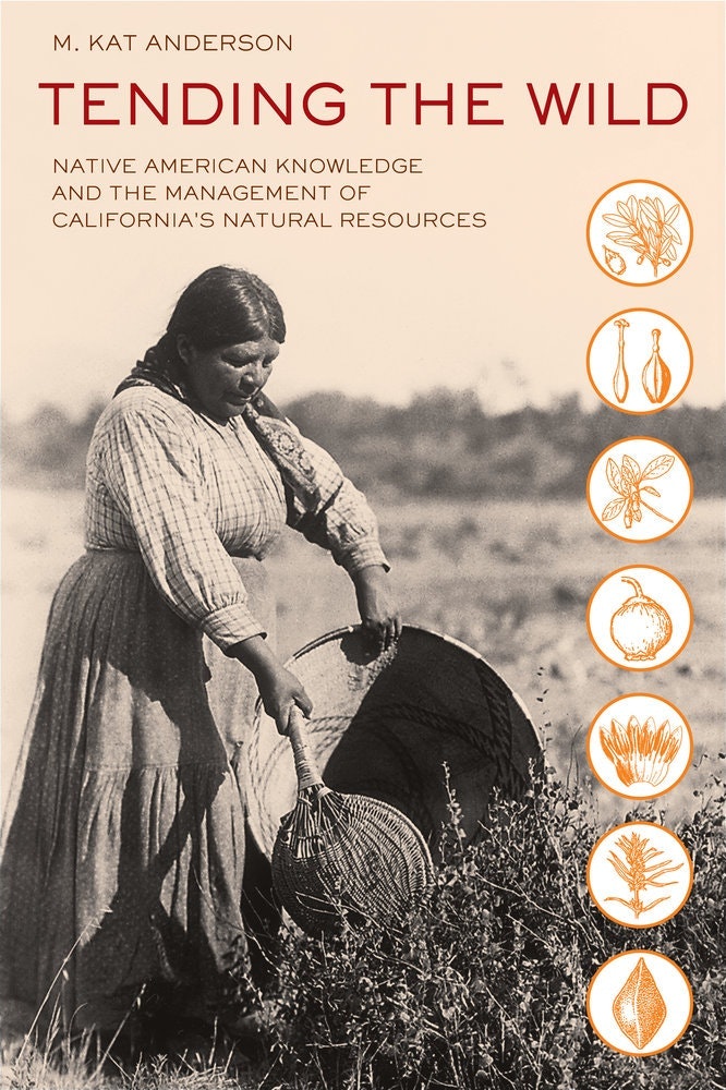 Book cover "Tending the Wild" with a woman gathering plants and icons of natural elements.