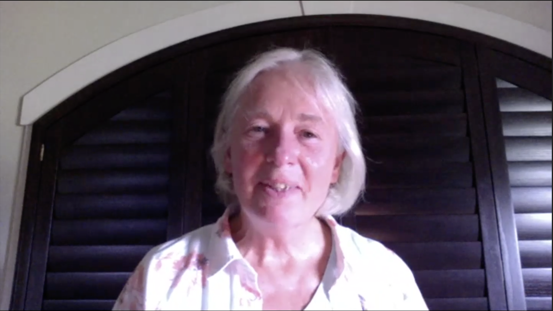 Person on a video call with wooden shutters in the background.