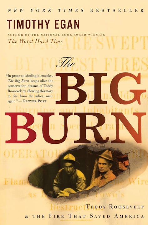 A book cover titled "The Big Burn" by Timothy Egan with historical photos and praise from the Denver Post.