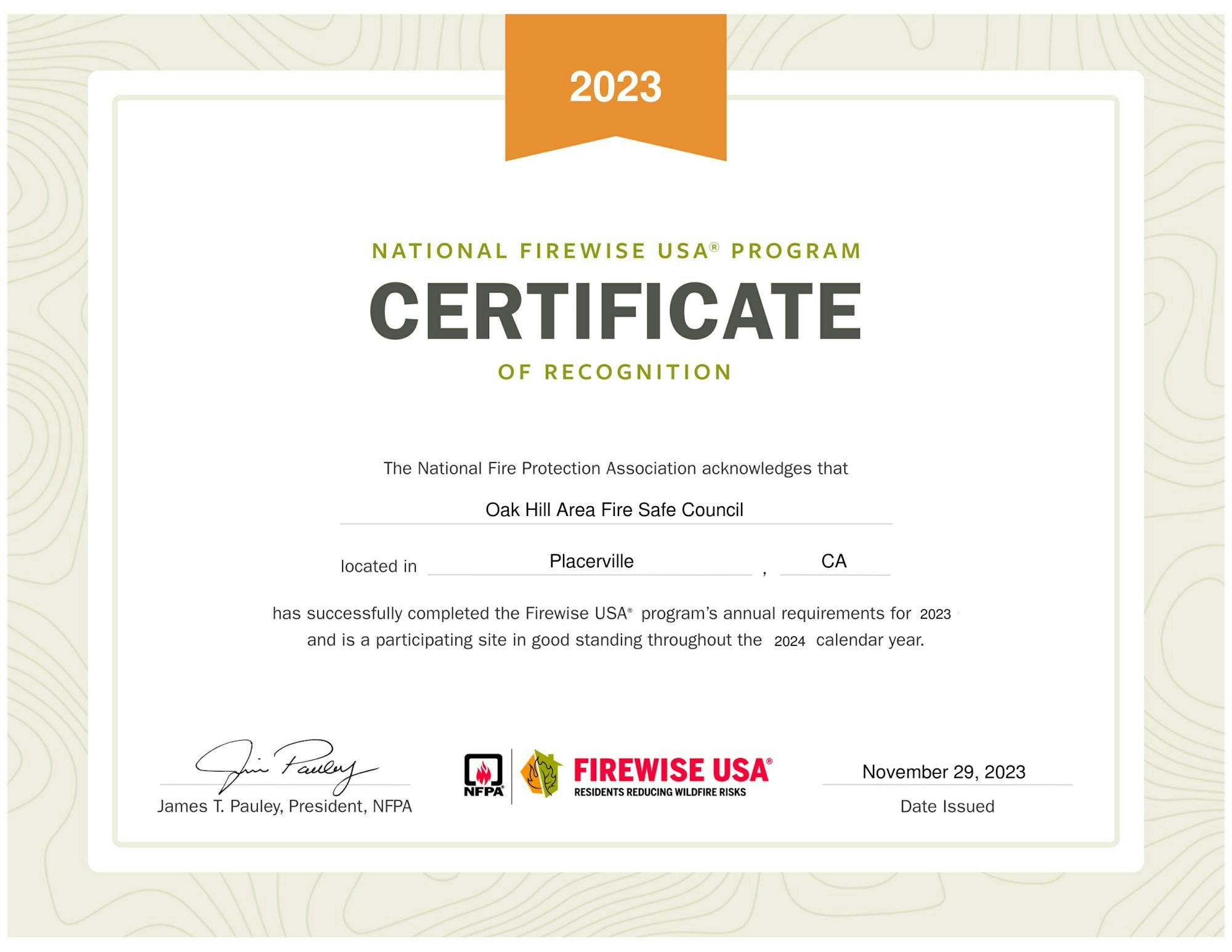 A 2023 Firewise USA recognition certificate for Oak Hill Area Fire Safe Council, Placerville, CA.