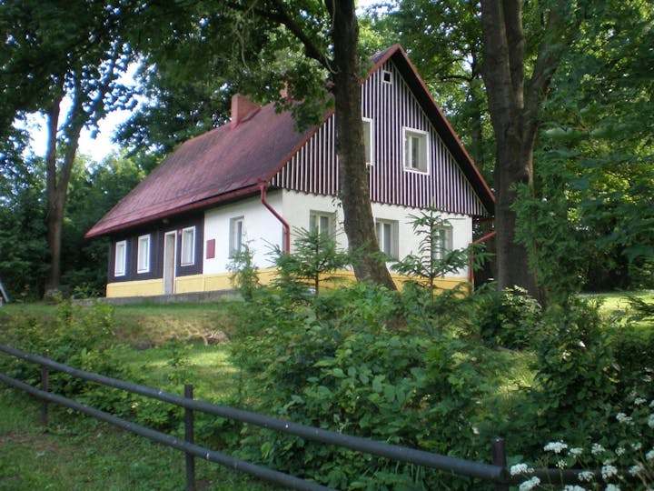 A quaint house with a red roof surrounded by greenery and trees.