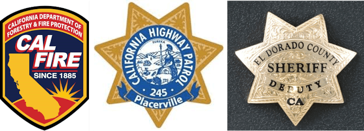 Three badges: CAL FIRE, California Highway Patrol, and El Dorado County Sheriff.