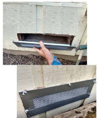 A person installing a vent cover on a wall, showing before and after views.