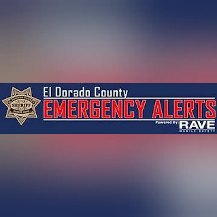 An alert banner for El Dorado County's Emergency Alerts, powered by RAVE, featuring a sheriff's star logo.