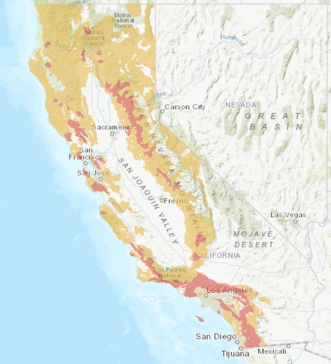 Map of California indicating areas possibly at risk for wildfires or detailing vegetation zones.