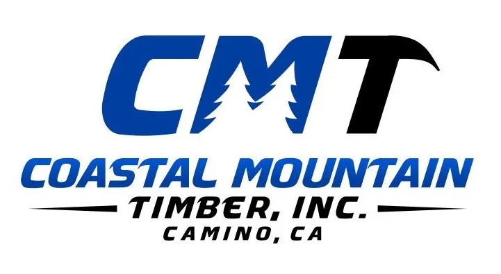 The image shows the logo of "Coastal Mountain Timber, Inc.," featuring stylized letters "CMT" with a mountain graphic, in Camino, CA.