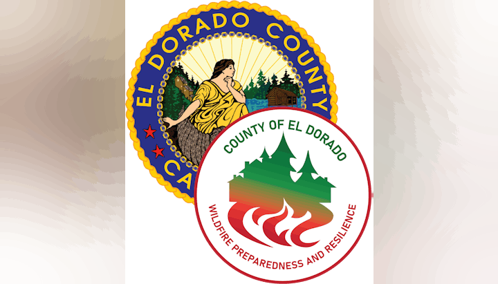 Overlapping seals for El Dorado County, featuring a woman, nature, and mention of wildfire preparedness and resilience.