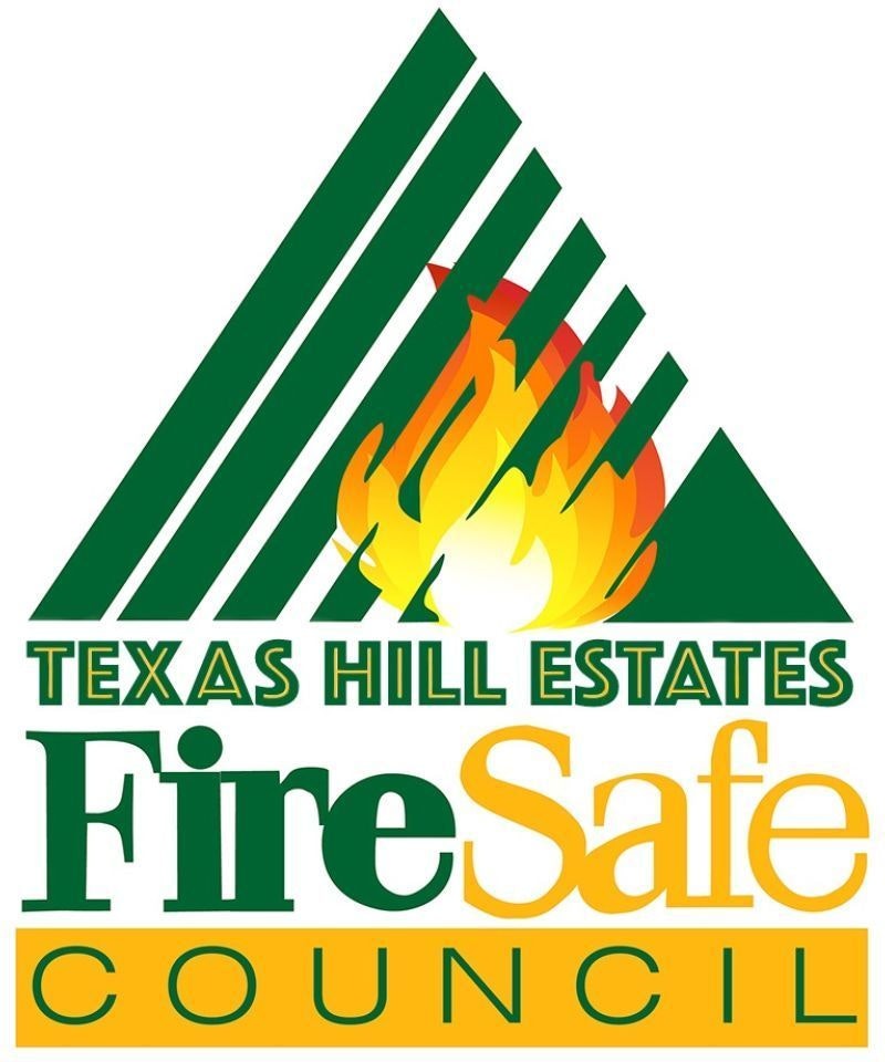 Logo of Texas Hill Estates Fire Safe Council with a stylized fire and green triangle.