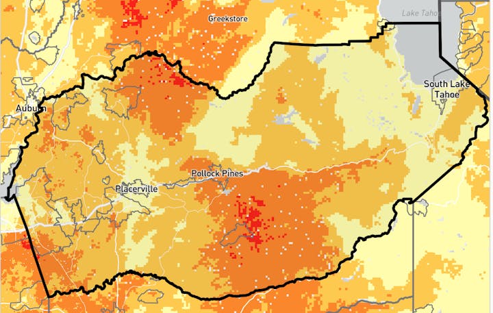 A heat map with varying color intensity, possibly showing data like temperature or density, with labels of places like "Auburn" and "Lake Tahoe".