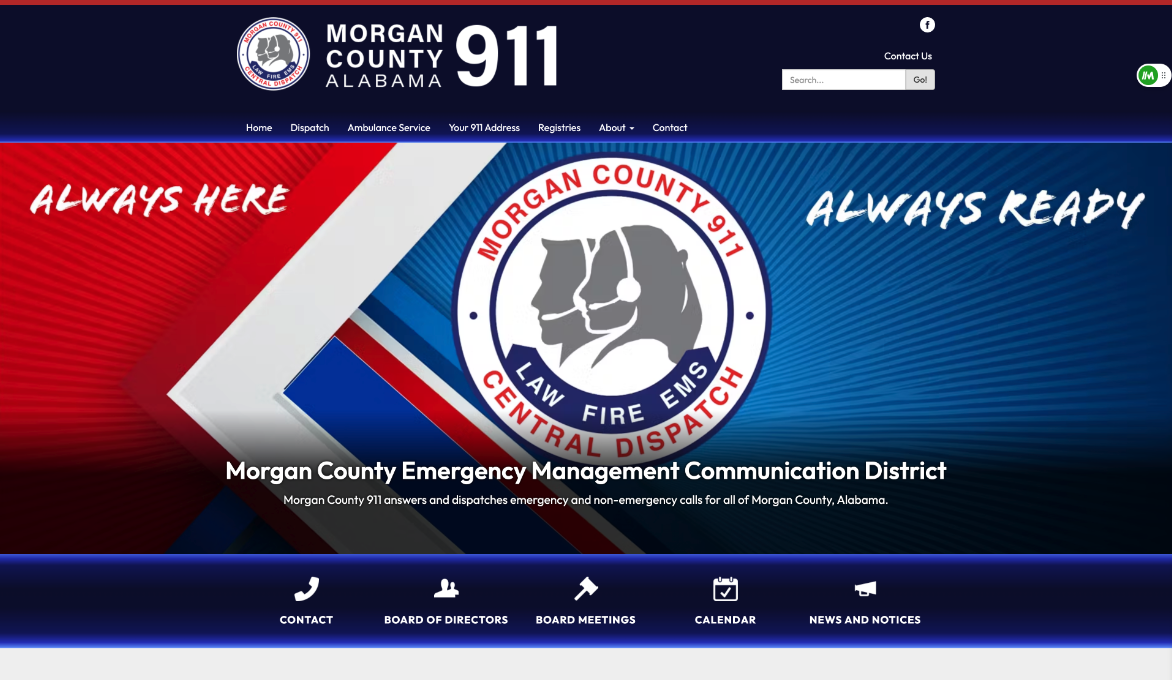 A website homepage for Morgan County 911 in Alabama, highlighting emergency services with phrases "ALWAYS HERE" and "ALWAYS READY."