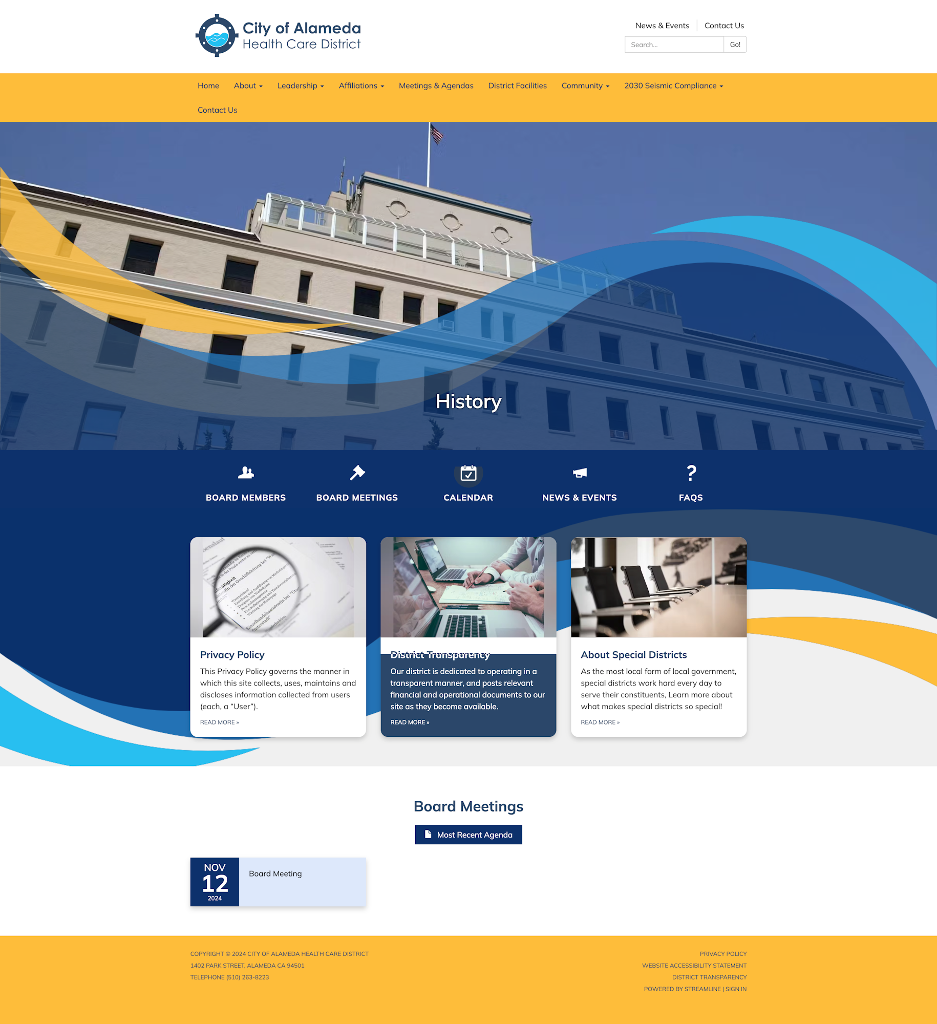 A screenshot of the City of Alameda Health Care District website, showing navigation menus and information sections like "History" and "Board Meetings."