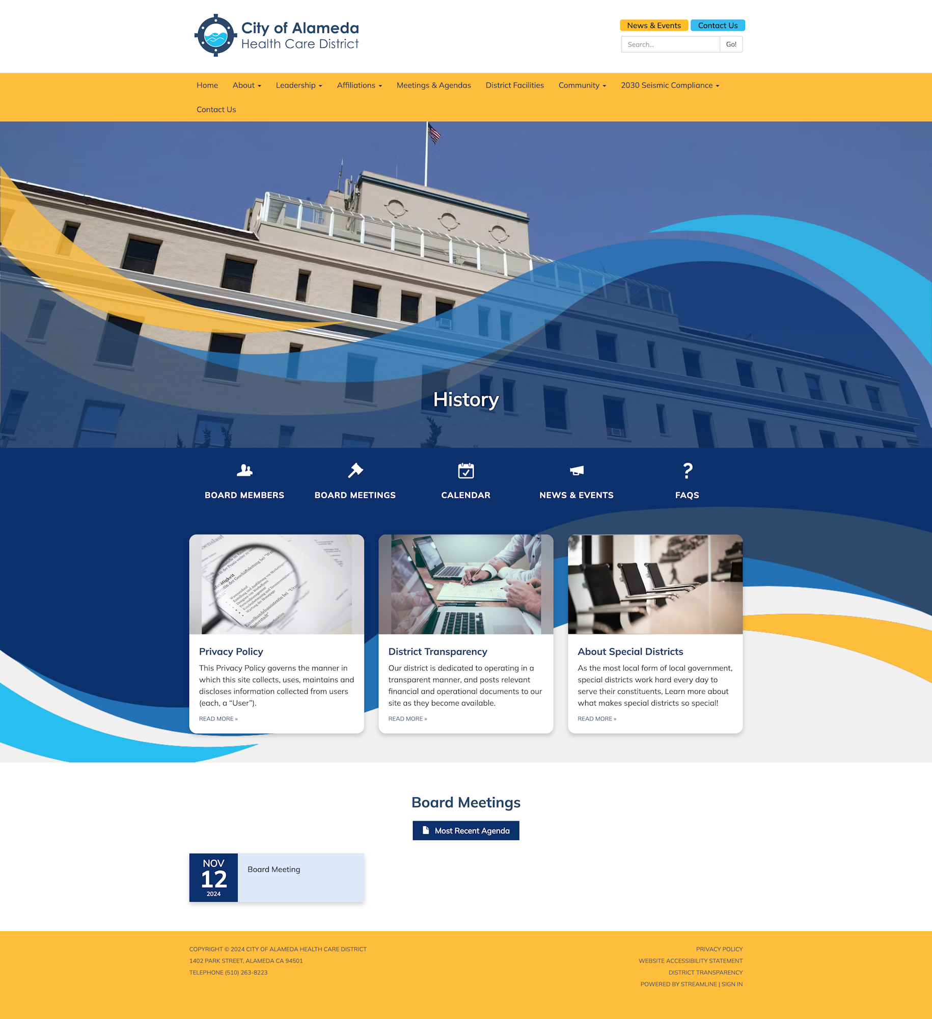 A screenshot of the City of Alameda Health Care District website with navigation menus and sections for history, board members, and meetings.