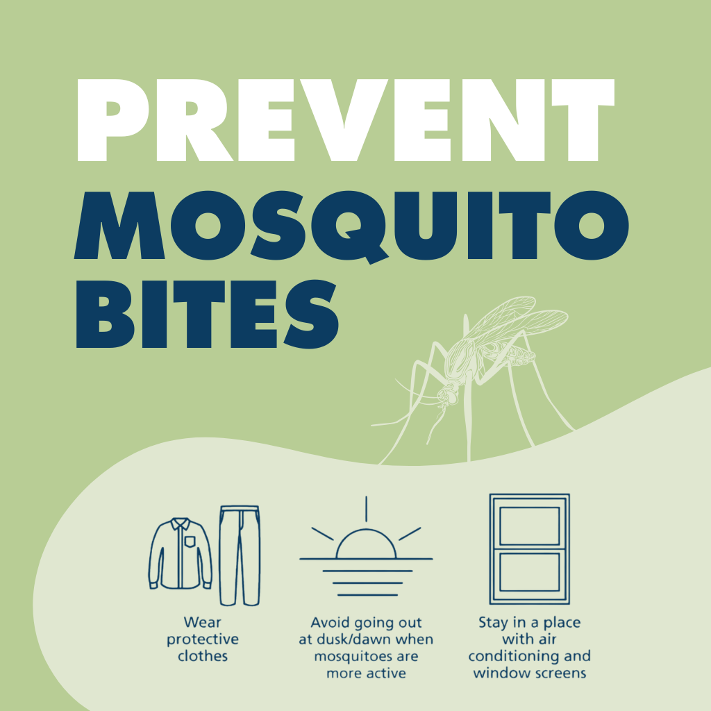 Tips to prevent mosquito bites: wear protective clothing, avoid dusk/dawn outings, and use air conditioning or window screens.