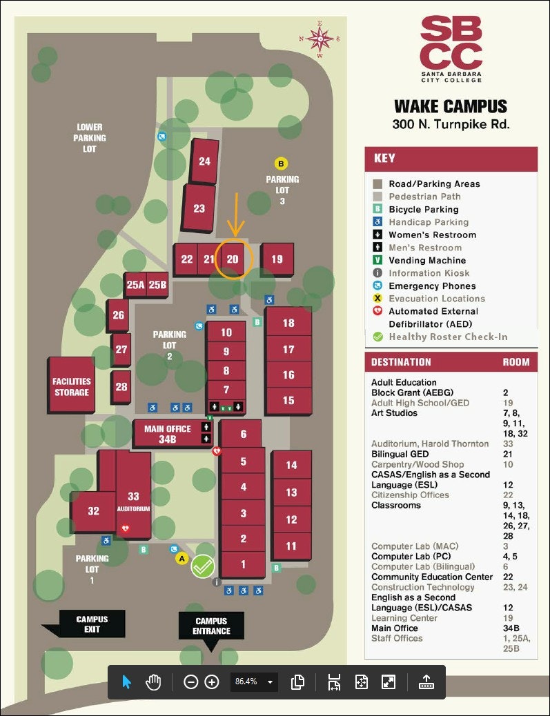 Map of Santa Barbara City College Wake Campus showing building numbers, parking lots, and services with a key for locations and an arrow showing the location of Room 20.