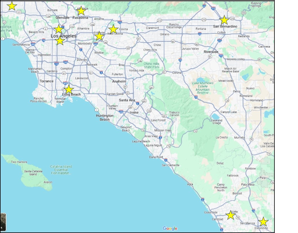 Map of Southern California area with yellow stars marking locations of confirmed cases of locally-acquired Dengue virus infections.