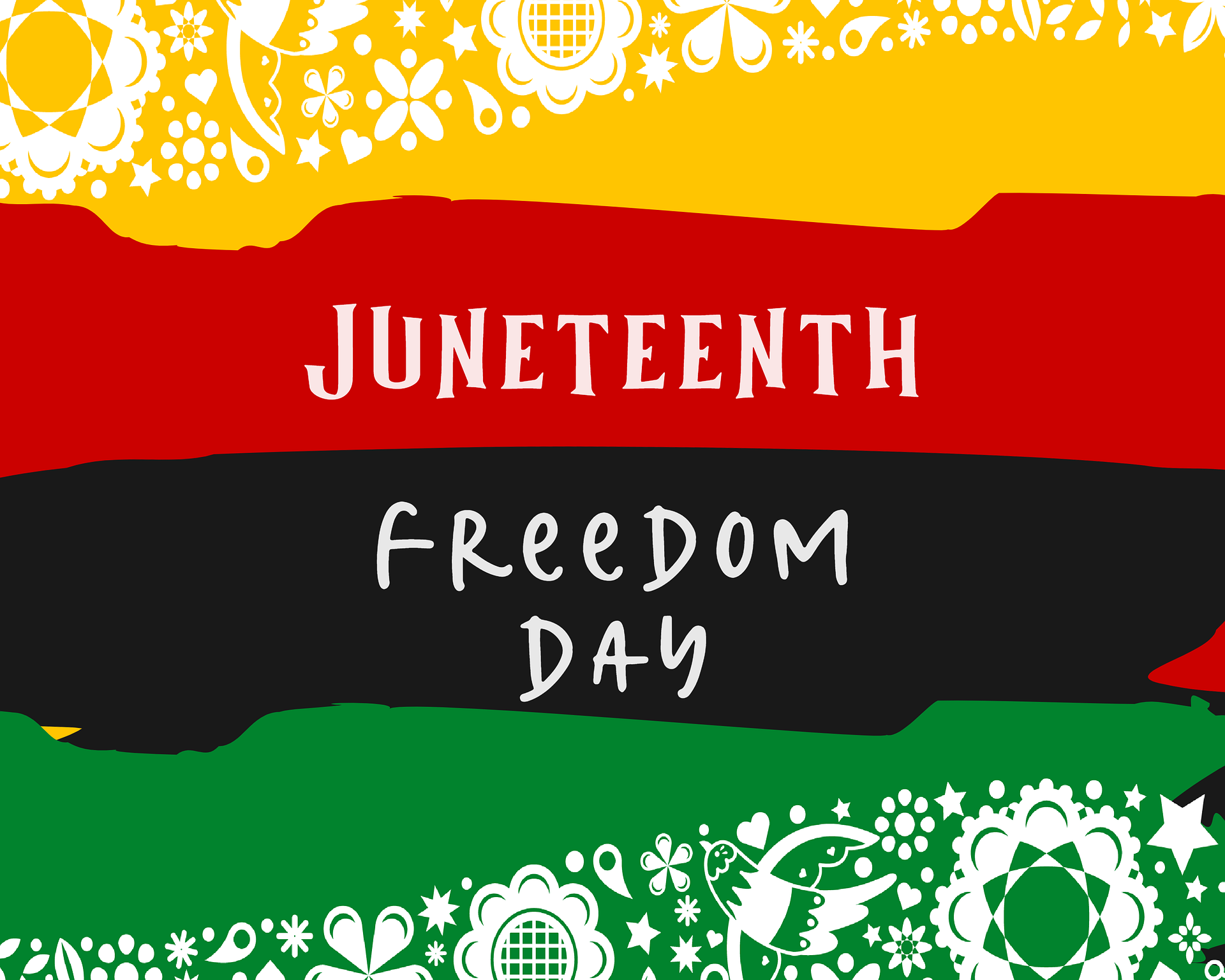 Juneteenth Freedom Day banner with red, black, and green colors and decorative floral patterns.