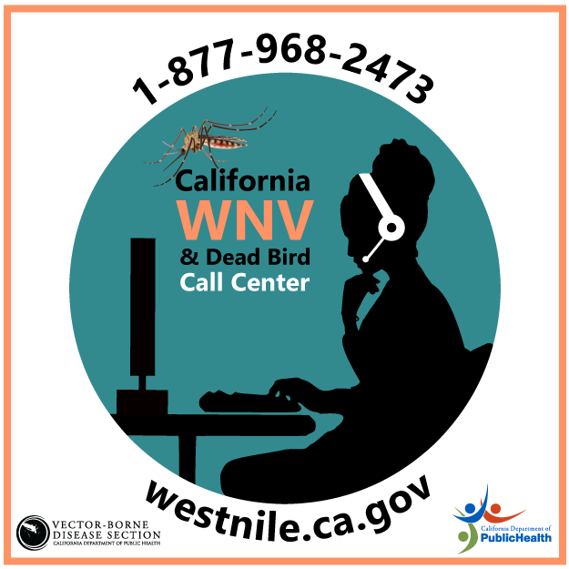 Graphic with the California West Nile Virus Call Center phone number, website address and a graphic of a telephone operator at her desk.