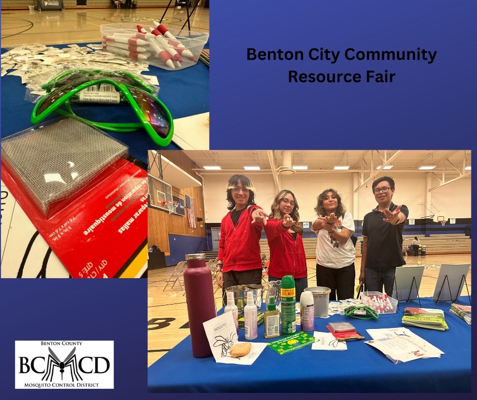 A collage depicting items on a table, four individuals in a gym, and a logo for Benton County Mosquito Control District at a community fair.